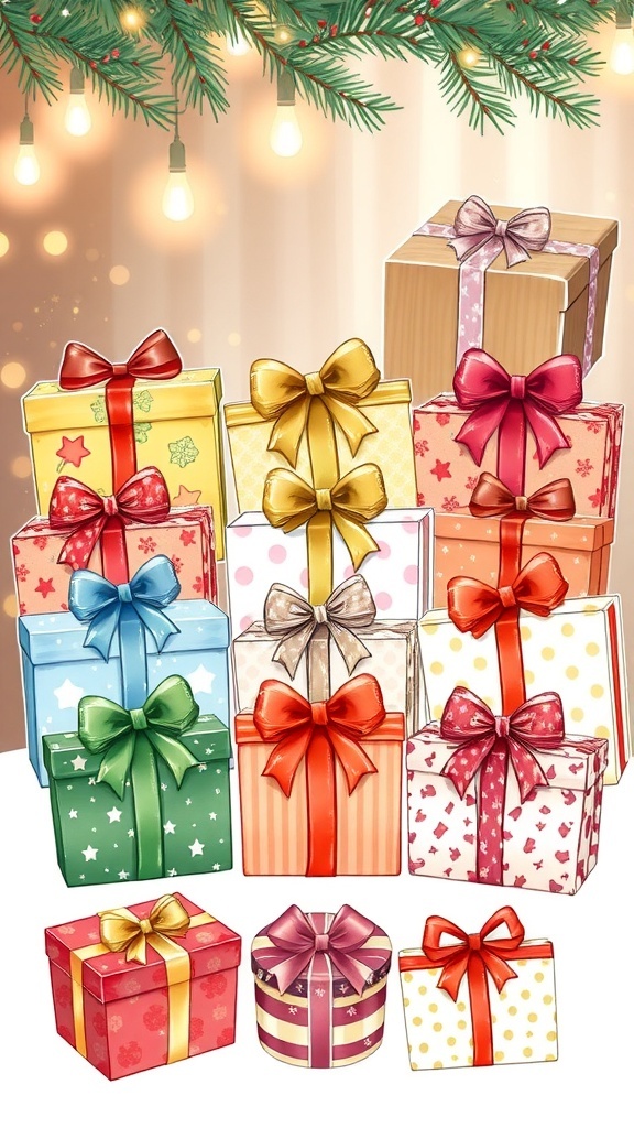 A variety of colorful Christmas presents with ribbons and bows, illustrated in a festive setting.